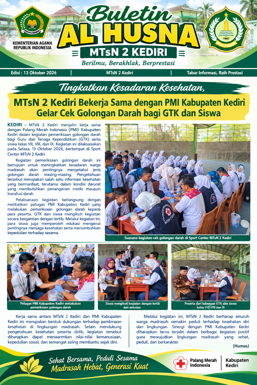 Tingkatkan Kesadaran Kesehatan, MTsN 2 Kediri Bekerja Sama dengan PMI Kabupaten Kediri Gelar Cek Golongan Darah bagi GTK dan Siswa