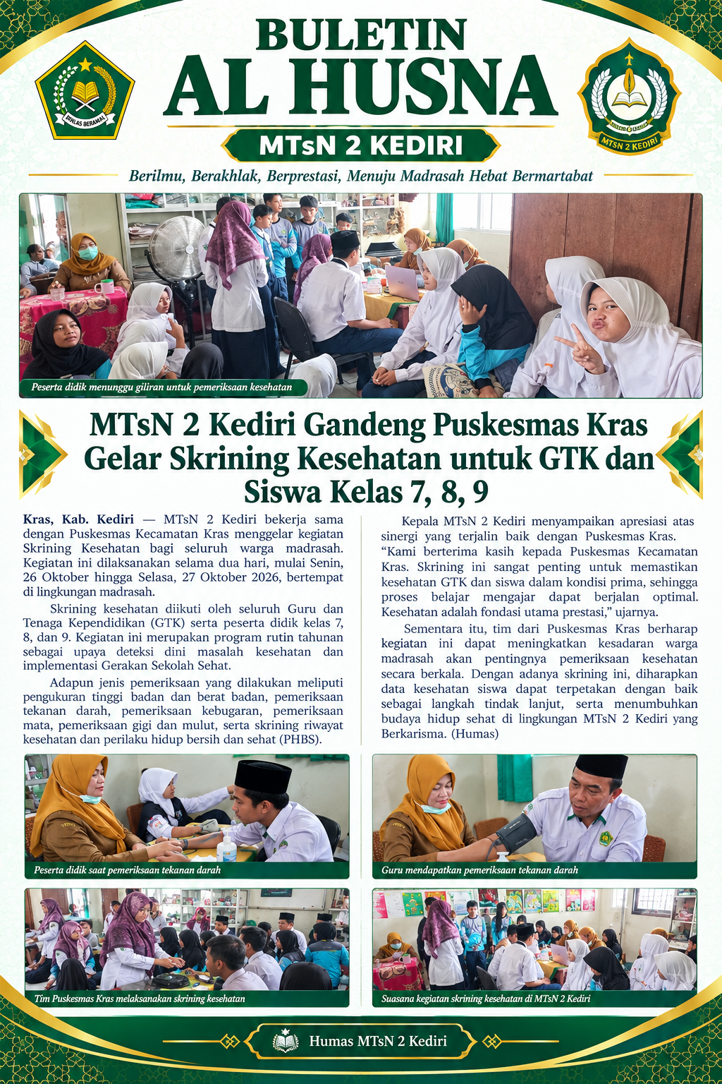 MTsN 2 Kediri Gandeng Puskesmas Kras Gelar Skrining Kesehatan untuk GTK dan Siswa Kelas 7, 8, 9